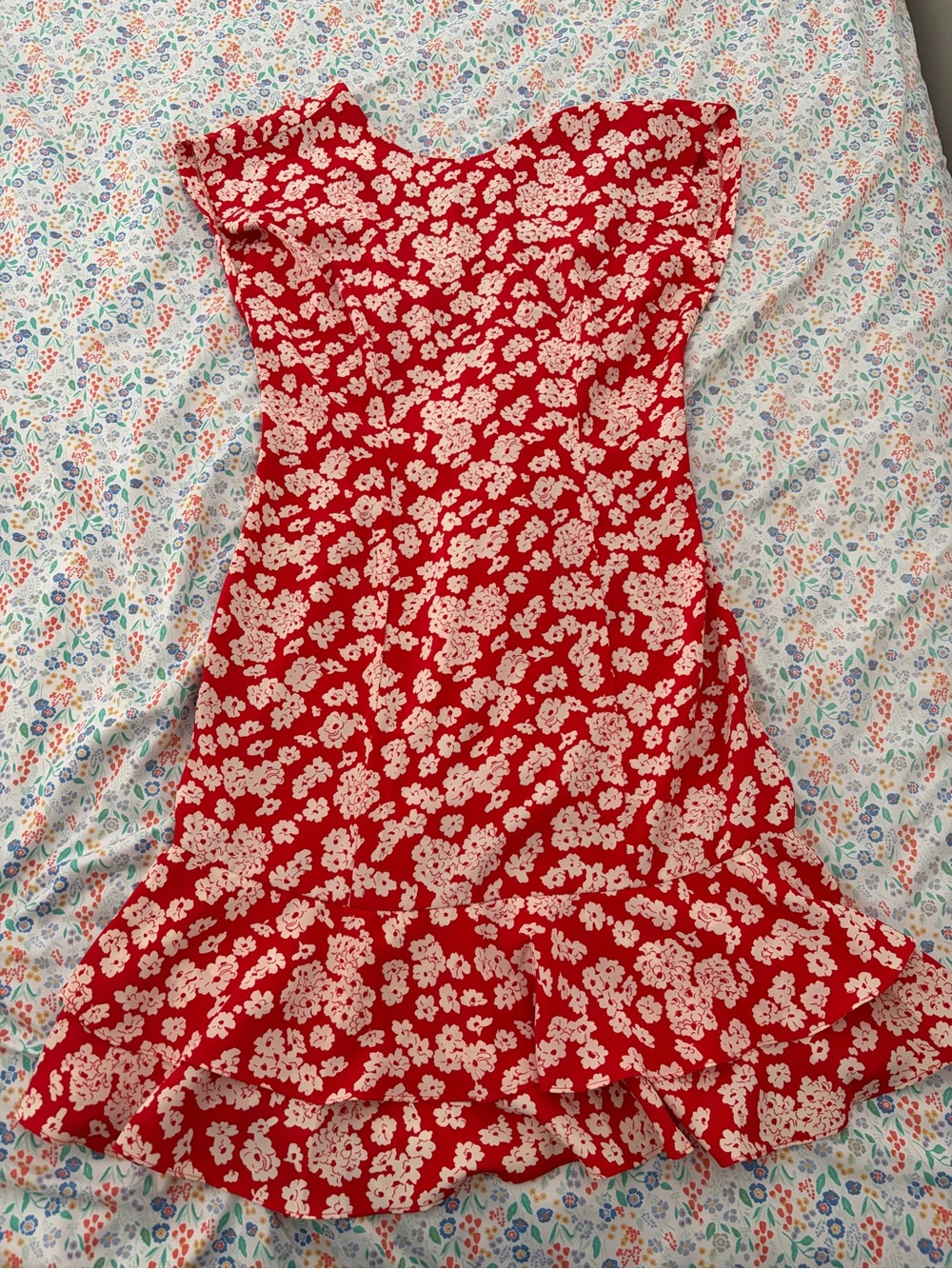 Red Floral Ruffle Hem Women's Dress